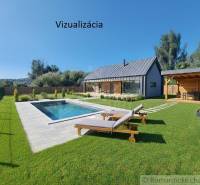 Ház vizualizációja medencével és pavilonnal a hosťovai telken, lakhatásra alkalmas.