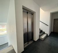 Folyosó lifttel és lépcsőházzal egy kétszobás lakásban, fa dekorációjú padlóval.