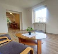 Nappali egy kétszobás lakásban ablakkal, fa dekor padlóval és asztallal, amelyen egy növény van.