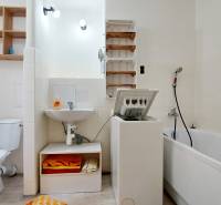 Fürdőszoba egy kétszobás lakásban zuhanyzóval, mosógéppel, WC-vel és mosdóval.