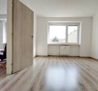 2 szobás lakás belső tere fa dekor padlóval és világos falakkal.