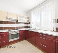 Konyha családi házban piros szekrényekkel és háztartási gépekkel.