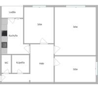 A háromszobás lakás alaprajza tartalmazza a konyhát, a fürdőszobát, a WC-t és három szobát.