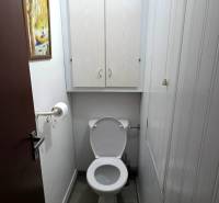 WC fa hatású padlóval egy háromszobás lakásban.