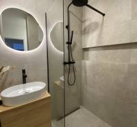 Fürdőszoba mosdóval, zuhanyzóval és tükörrel egy háromszobás lakásban.