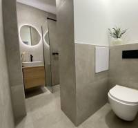 Fürdőszoba egy kétszobás lakásban WC-vel, mosdóval és tükörrel.