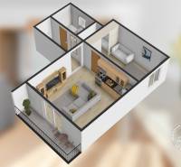 2 szobás lakás 3D alaprajza nappalival, konyhasarokkal és fa dekorációjú padlóval.