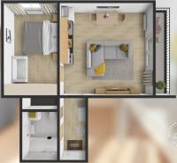 2 szobás lakás alaprajza bútorokkal és fa dekoros padlóval.