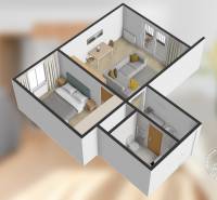 2 szobás lakás alaprajza fa dekorációs padlóval és bútorokkal.