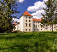 Történelmi épület zölddel és fákkal körülvéve egy napos napon.