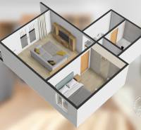 2 szobás lakás 3D alaprajza fa dekorációjú padlóval, bútorokkal és helyiségekkel.