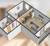 2 szobás lakás elrendezése konyhával, nappalival és erkéllyel. Padló fa dekorral.