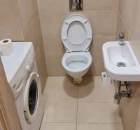 Fürdőszoba garzonlakásban WC-vel, mosógéppel és kis mosdókagylóval.