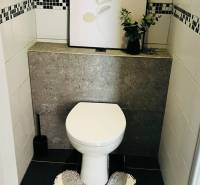 Fürdőszoba egy háromszobás lakásban WC-vel, képpel és növénnyel a párkányon.