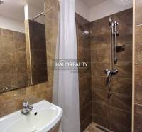 Fürdőszoba egy egyszobás lakásban mosdóval, tükörrel és zuhanyzóval a sötét csempéken.