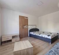 1 szobás lakás ággyal és bútorokkal fa dekor padlón.