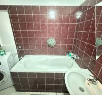 Fürdőszoba egy kétszobás lakásban káddal, mosógéppel és sötétvörös csempével.