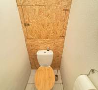 Fa dekorral és OSB lappal ellátott WC egy kétszobás lakásban.