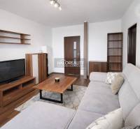 Nappali szoba fa hatású padlóval, kanapéval és televízióval egy négy szobás lakásban.