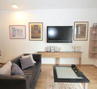 Nappali egy egyszobás lakásban fekete kanapéval és fa padló dekorációval.