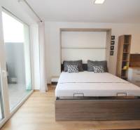 Hálószoba kihúzható ággyal és fa dekorációjú padlóval egy egyszobás lakásban.