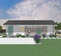 Családi ház vizualizációja kerttel, fákkal, levendulával és kövezett sétánnyal.