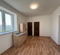 Szoba konyhapulttal, fa dekoros padló, két faajtó.