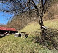 Házikó Moštenica közelében, fákkal és füves dombokkal körülvéve, napsütéses időben.