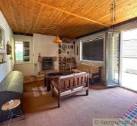 Egy faháznak a belső tere, fából készült mennyezettel, ülőgarnitúrával és kandallóval, kilátással a kertre.