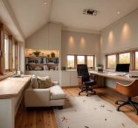 Iroda fa dekoros padlóval, nagy ablakokkal, polccal és fotelekkel.