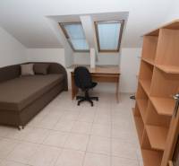 Szoba családi házban ággyal, asztallal, polcokkal, csempével és tetőablakokkal.