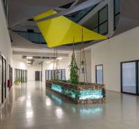 Folyosó növényekkel és geometrikus függönyökkel egy kétszobás lakásban.