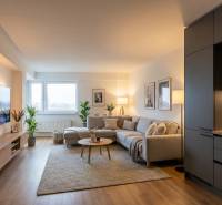 Nappali egy kétszobás lakásban, fa mintázatú padlóval, szürke kanapéval és TV-vel.