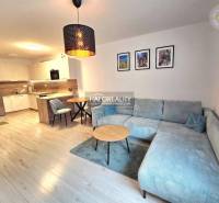 Nappali egy kétszobás lakásban konyhasarokkal és fa dekorációjú padlóval.