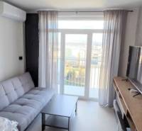 Garzonlakás kanapéval, televízióval és asztallal, fa dekorációjú padlóval, világos függönyökkel.