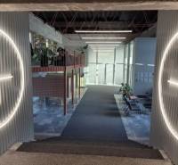 Belső tér lépcsőkkel, kör alakú világítással a falakon és üveg válaszfallal a háttérben.