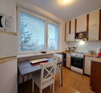 Konyha kétszobás lakásban fa mintázatú padlóval és kilátással.