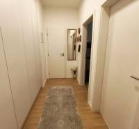 Két szobás lakás folyosója fa mintás padlóval és nagy tükörrel.