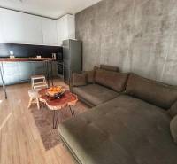 Konyha és nappali rész egy kétszobás lakásban, fa dekorú padlóval.