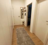 Két szobás lakás folyosója fa dekor padlóval, tükörrel és fehér ajtókkal.