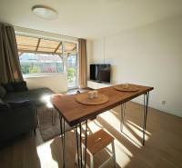 Nappali kanapéval és asztallal egy kétszobás lakásban, fa dekoros padlóval.