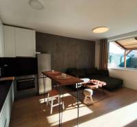 Nappali egy kétszobás lakásban konyhasarokkal és fa dekorációjú padlóval.