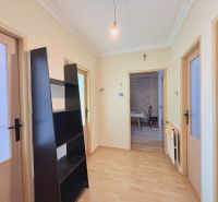 Folyosó egy családi házban fa dekor padlóval és fekete polccal.