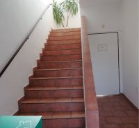 Családi ház belső tere piros lépcsőkkel, fehér falakkal és növénnyel.