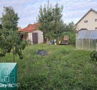 A családi ház kertje Tureň községben, gyep, üvegház és fák.