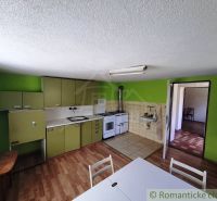 Konyha egy családi házban, fa dekorációjú padlóval és zöld szekrényekkel.