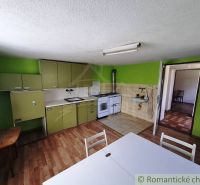 Konyha családi házban fa mintás padlóval és zöld szekrényekkel.