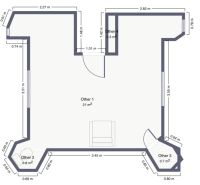 A 21 m²-es, négy fülkével rendelkező iroda alaprajza a házikóban.