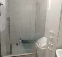 Fürdőszoba egy kétszobás lakásban tágas zuhanyzóval és fehér bútorokkal.