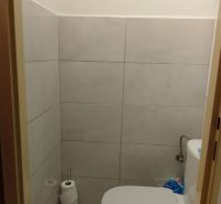 Fürdőszoba WC-vel és csempével egy kétszobás lakásban.